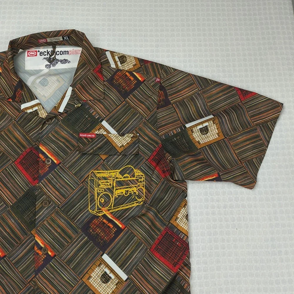 Ecko Unltd Complex Mens XL Brown Geometric Boombox Embroidered Button Up Shirt - Picture 2 of 11